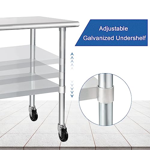 HARDURA Stainless Steel Table with Wheels 24 x 48 Inches Casters NSF Heavy Duty Commercial Work & Prep Table with Undershelf and Galvanized Legs for Restaurant Kitchen Bar and Hotel Garage HARDURA Restaurant Equipment