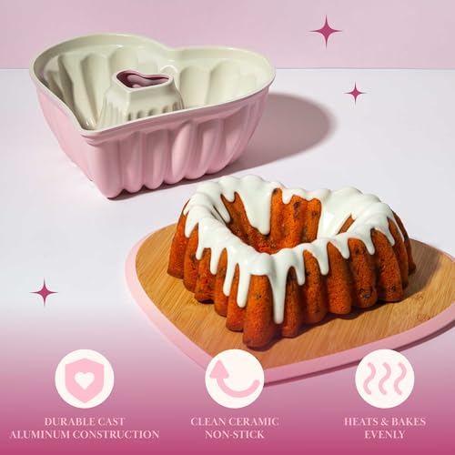 Paris Hilton Heart Shaped Fluted Cake Pan, Cast Aluminum with Clean Ceramic Nonstick Bakeware, Dishwasher Safe, Made without PFAS, PFOA, PFOS & PFTE, 9-Inch, Pink Paris Hilton