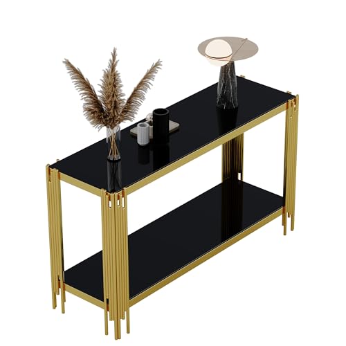 Maotifeys Modern 2-Tier Glass Console Table Luxury Black Tempered Glass Top Sofa Table with Shiny Gold Legs 55" Slim Entryway Hall Tables with Storage Shelf for Living Room Bedroom Maotifeys