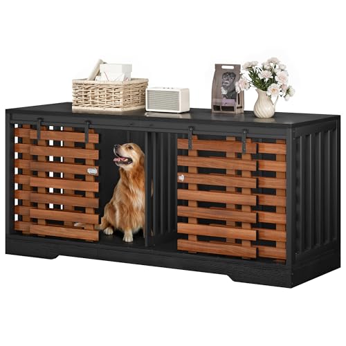 DWVO 71" Double Dog Crate Furniture for 2 Dogs with Sliding Fence Door, Heavy Duty Dual Dog Kennel TV Stand Large Dogs, Indoor Decorative Wooden 2 Dog Cage Table for Living Room, Black & Walnut DWVO