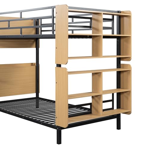YOPTO Twin Over Twin Size Metal Bunk Bed with Ladder and Full-Length Guardrail,Modern Bunkbeds W/Storage Headboard and Foot Shelving,No Box Spring Needed,2 Assembly Options,for Teens,Bedroom,Black YOPTO