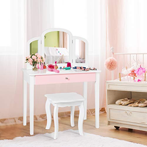 Costzon Kids Vanity, Girls Vanity Set with Tri-Folding Mirror, Stool, Storage Drawer, Princess Toddler Makeup Vanity Desk Dressing Table, Wooden Kids Vanity Table and Chair Set (White) Costzon