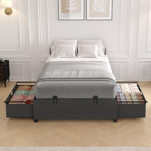 HAUOMS Twin Size Bed Frame with 2 Large Storage Drawers, Platform Bed with Drawers, Heavy Metal Slats Support, No Box Spring Needed, Noise Free, Easy Assembly, Dark Grey HAUOMS