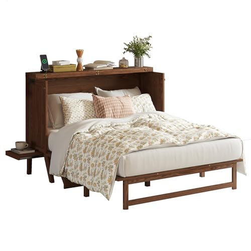 RuiSiSi Queen Size Murphy Bed with Desk and USB Ports, Foldable Murphy Bed Cabinet with Side Shelves for Bedroom, Guest Room, Home Office, can be Folded into a Cabinet, Walnut RuiSiSi