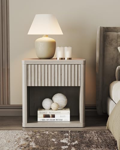 SICOTAS Night Stand Nightstand with Drawer Storage Fluted Bed Side Table End Table Large Modern Wide Bedside Stand Mid Century Night Stands for Bedroom Living Room Sofa Couch Home Office, White Alder SICOTAS