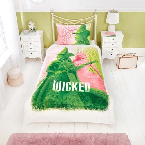 dreamtex Wicked Glenda & Elphaba Reversible 2 in 1 Design Single Duvet Cover and Pillowcase Set - Polycotton Material -Washable Perfect for Children, Kids, Girls in a Pink and Green Colorway dreamtex