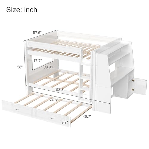 CKLMMC Full Size Multifunctional Bunk Bed with Desk and Bookshelves, Trundle, Space-Saving Wooden Bunk Bed for Kids & Teens (White/T) CKLMMC