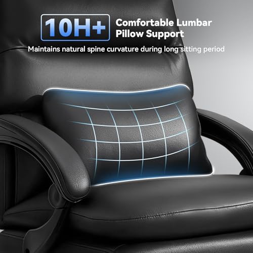 Holiwei Office Chair with Footrest, Big and Tall 400lbs Executive Desk Chair with Thickened Lumbar Support Pillow, High Back PU Leather Reclining Computer Chair, Ergonomic Swivel Task Chair, Black Holiwei
