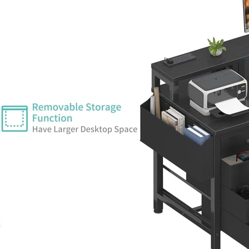 Lufeiya Gaming Desk with LED Lights and Power Outlets, 47 inch Computer Desk with Fabric Drawers, Reversible Home Office Desk with Monitor Stand, Black Lufeiya