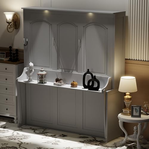 SOFTSEA Queen Size Murphy Bed with Desk, Hideaway Wall Bed with LED Lights and USB Ports, Folding Murphy Bed Frame for Small Space, Guest Room, Bedroom, Office, Grey SOFTSEA