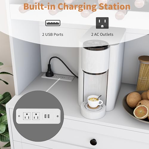 Gyfimoie 71" Pantry Cabinet with LED Light & Outlet, Kitchen Hutch Storage Cabinet with 6 Adjustable Shelves and 3 Hanging Rack Shelves,Food Pantry for Kitchen, Dining Room or Living Room, White Gyfimoie