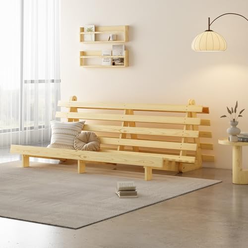 MUSEHOMEINC Wooden Futon Frame Space-Saving Modern Futon Frame Full Size 2 in 1 Design Bed Frame Convert Chair,Sofa,Bed Perfect for Modern Living Spaces (Full) MUSEHOMEINC