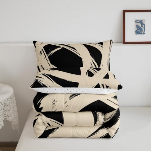 Erosebridal Beige and Black Abstarct Queen Comforter Set for Adult Women Men, Geometric Striped Bedding Set for Minimalists,Graffiti Aesthetic Lines Quilt,Contemporary Boho Modern Art Duvet Insert Erosebridal