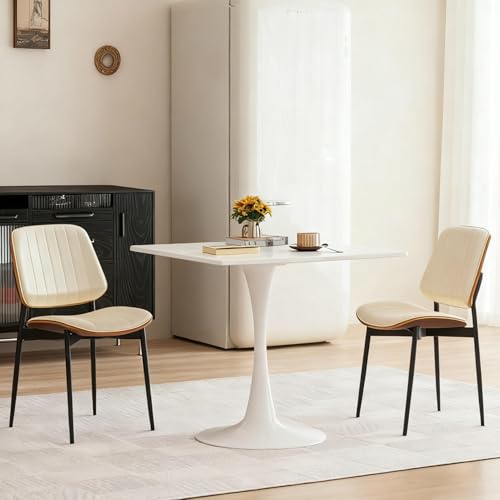 Hansweld Square Dining Table, 31.5" Tulip Table with Thickened Tabletop & Metal Pedestal, Mid Century Modern Bistro Table for Kitchen, Small Places, Living Room, Cafe (White) Hansweld