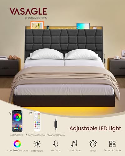 VASAGLE Full Size Floating Bed Frame with LED Lights, Upholstered Full Bed Frame with Charging Station, Tufted Storage Headboard, Noise-Free, No Box Spring Needed, Dark Gray URMB852G71V1 VASAGLE