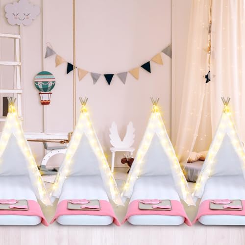 Windyun 4 Pack Kids Teepee Tent for Slumber Party with Mattress and Lights, Sleepover Tents for Girls Boys Indoor Outdoor Cotton Teepee with Airbed Tray Blanket Birthday Party Supplies(White) Windyun