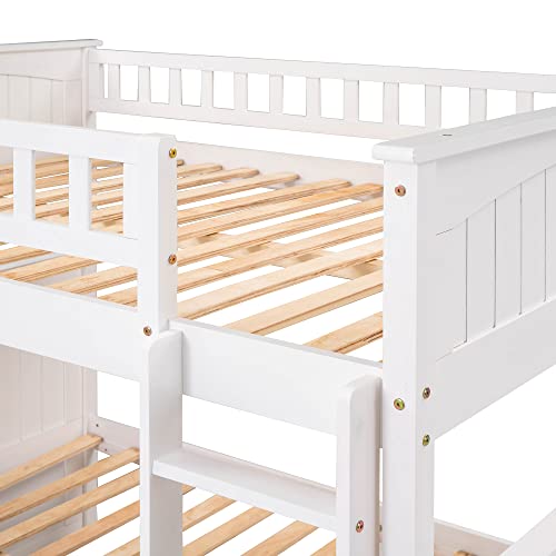 Ball & Cast Full Over Full Bunk Bed with Twin-Size Trundle,Pine Wood Bunkbed w/Stairway and Full-Length Guardrails,Into 2 Individual Beds,Slat Support,Bedframe Furniture for Student Dorms,White Ball & Cast