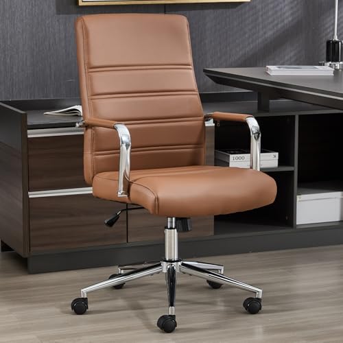 Office Desk Chair Leather, Conference Room Chairs with Wheels, Modern Executive Office Chairs Adjustable Height, Ergonomic Swivel Rolling Ribbed Computer Chair(Brown) Awtuku