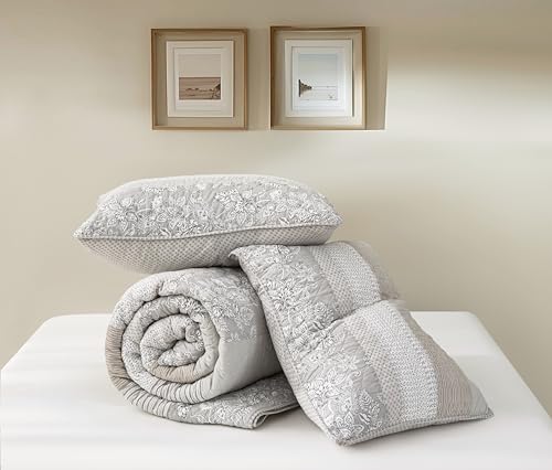 Chezmoi Collection Robyn 3-Piece Neutral Taupe Gray White Floral Hibiscus Flower Patchwork Striped Quilt Set - Pre-Washed Cotton Coverlet - Lightweight Reversible Bedspread, Queen Size Chezmoi Collection