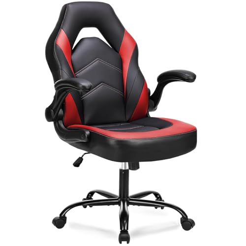 DUMOS Ergonomic Computer Gaming Chair with Flip-up Armrest, Height Adjustable PU Leather Home Office Desk Chair with Lumbar Support Swivel Wheels and for Adults and Kids, Scarlet Red DUMOS