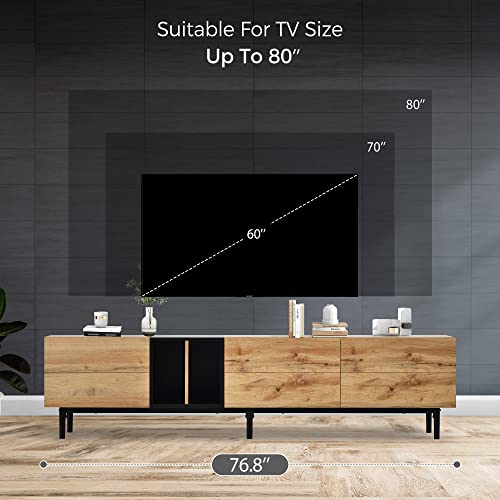 Virubi Modern TV Stand with 3 Cabinets & Open Shelves, Minimalist Wooden Entertainment Center for TVs Up to 80”, Sturdy TV Console for Living Room Bedroom Decor (Wood) Virubi