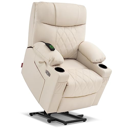 MCombo Small Power Lift Recliner Chair Sofa with Massage and Dual Heating, Adjustable Headrest for Elderly People Petite, USB Ports, Faux Leather 7111 (Cream White)