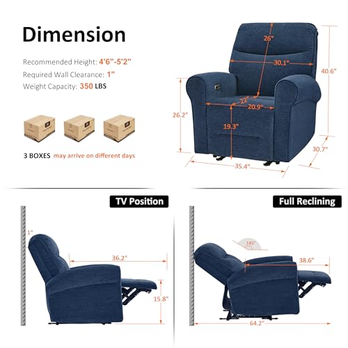 MCombo Compact Wall Hugger Power Recliner Chair for Small Spaces, Dual USB-A/C Ports, Rolled Arm Recliner for Living Room & RV, Fabric PR520 (Fabric, Navy Blue, Small)