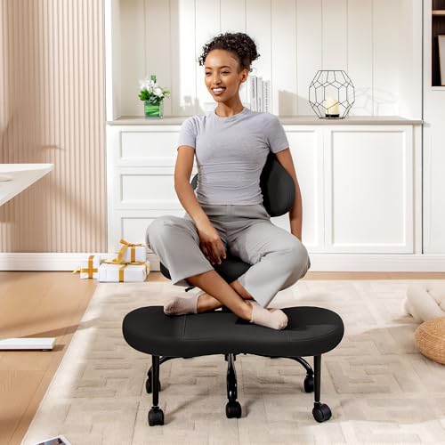 AtHope Cross Legged Office Chair, Criss Cross Desk Chair ADHD Meditation Kneeling Yoga Seat with Adjustable Height, Lumbar Support, Wider Footrest and Wheels (Black) AtHope