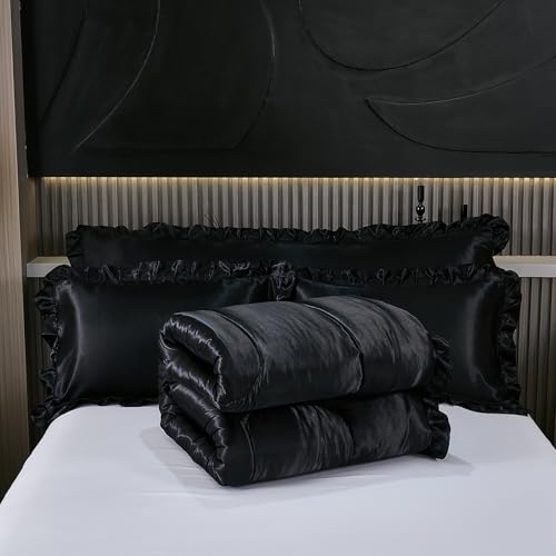 Satin Queen Comforter Set Silk Like Satin Bedding Set Hotel Soft Polyester Black Bed Set Luxury Silky Pillow Cover with Quilt Set Ruffle Down Comforter Home Decor Bedding_Dreamer