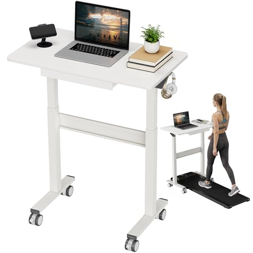 DAWNYIELD Standing Desk for Walking Pad with Wheels, Pneumatic Cordless Height Adjustable Rolling Desk, Mobile Computer Workstation with Drawer Hook Locking Casters for Treadmill & Home Office, White DAWNYIELD