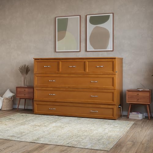 AFI, Northfield Queen Murphy Bed Chest with 6" Mattress, Storage Drawer & Built-in USB Charger, Light Toffee AFI