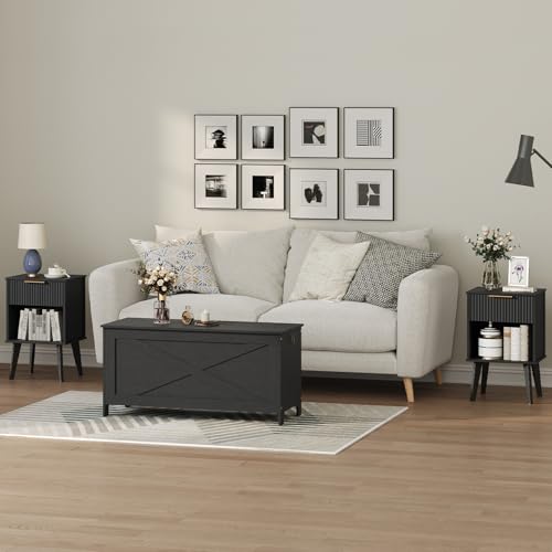 MAHANCRIS End Table, Fluted Night Stand, Modern Side Table, Small Bedside Table with 1 Drawer and 1 Open Compartment, Mid Century Nightstand, for Living Room, Bedroom, Study, Office, Black ETBK6201 MAHANCRIS