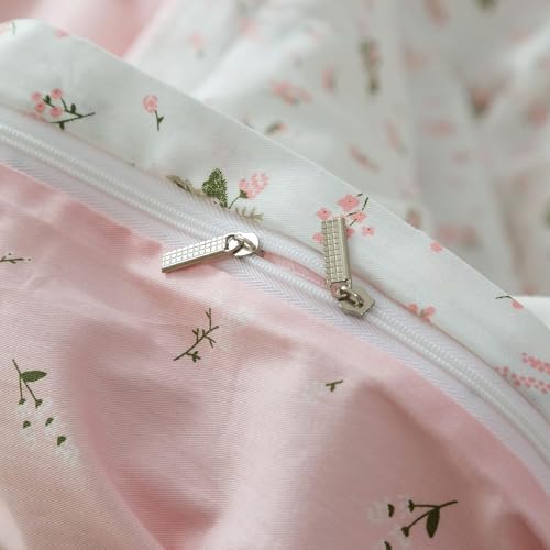 mixinni Small Floral Print Duvet Cover Full Flower Duvet Cover Set Soft Cotton Pink Reversible White Bedding Comforter Cover Zipper Closure 4 Corner Ties for Girls-Full Size mixinni