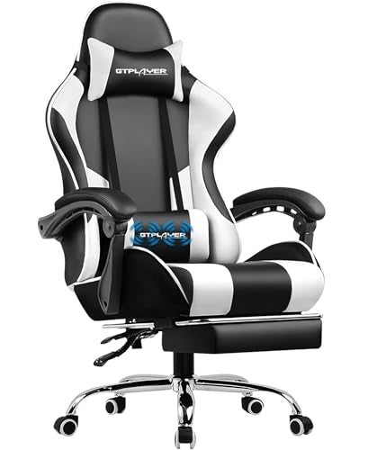 GTPLAYER Gaming Chair, Computer Chair with Footrest and Lumbar Support, Height Adjustable Game Chair with 360°-Swivel Seat and Headrest and for Office or Gaming (Snow White) GTPLAYER