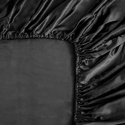 HommxJF Silk Satin Black Full Fitted Sheet, Deep Pocket Fitted Sheet Only, Breathable, Non- Fading, Fully Elasticized Bed Sheets Sold Separately HommxJF