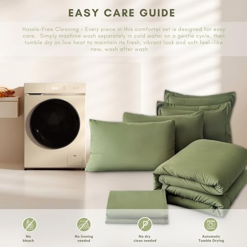 FMLIUY Twin/Twin XL Comforter Duvet Cover Set Olive Green - 7-Piece Bed in a Bag, Festive Gift Double Brushed Micorfiber All-Season Soft Bedding with Sheets & Envelope Pillowcases (68"x88",Twin) FMLIUY