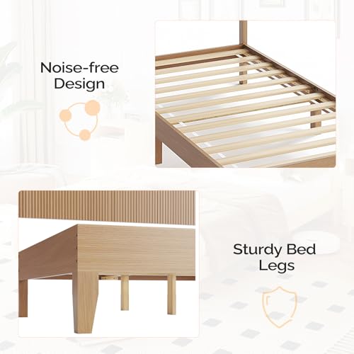 VINGLI Fluted Twin Bed Frame with Wingback Headboard and Footboard Storage Bench,Boho Wooden Single Platform Panel Bed with 4 Drawers,Mid-Century Modern Sleign Bed,Oak VINGLI