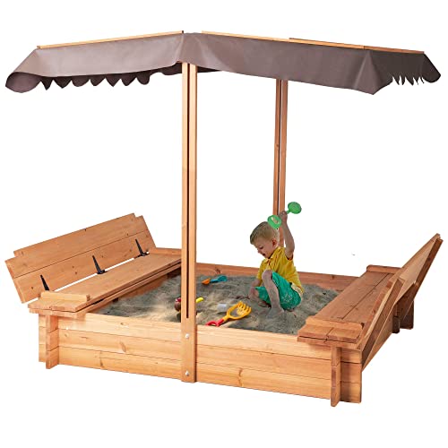 BIRASIL Wood Sandbox with Cover, Sand Box with 2 Bench Seats for Aged 3-8 Years Old, Sand Boxes for Backyard Garden, Sand Pit for Beach Patio Outdoor (Natural Wood, 48 Inch) BIRASIL
