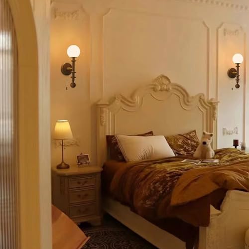 RXPVUXE Vintage Wood Wall Sconce Globe Glass Wall Lamp with Pull Chain Switch, Farmhouse Bedside Aisle Deco Lighting Fixture Retro Modern Wooden Wall Light for Living Room Hallway Stairs, E27 RXPVUXE