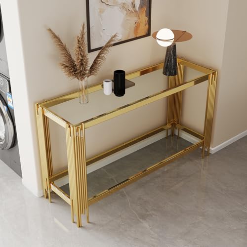 Maotifeys Modern 2-Tier Glass Console Table Luxury Clear Tempered Glass Top Sofa Table with Shiny Gold Legs 55" Slim Entryway Hall Tables with Storage Shelf for Living Room Bedroom Maotifeys