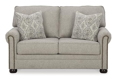 Signature Design by Ashley Gaelon Transitional Loveseat with Nailheads and 2 Accent Pillows, Beige Signature Design by Ashley
