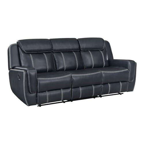 Lexicon Living Room Set - Home Theater Seating, Faux Leather Upholstery Recliner Sofas, Double Recliner, Loveseat, Swivel Glider Chair, 3-Piece Set, Blue Lexicon