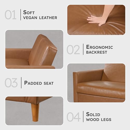 Lexicon 79"W Convertible Futon Sofa Bed, Loveseat, Faux Leather Upholstered Couch Sleeper, Adjustable Backrests, Padded Pocket Coil, Solid Wood Legs for Living Room, Bedroom, Apartment, Office, Camel Lexicon