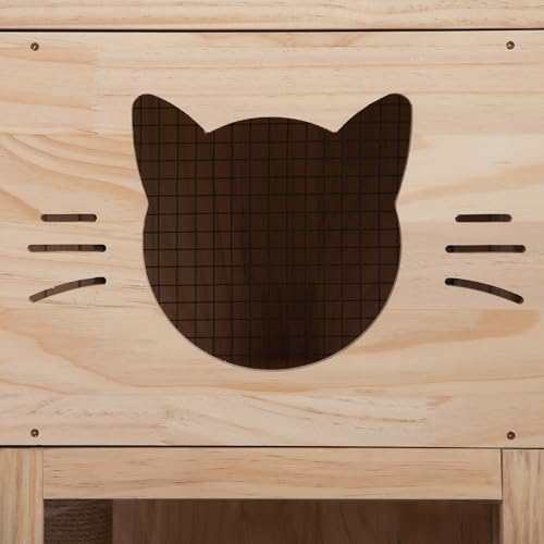 Nyeekoy Large Wooden Cat House on Wheels, Indoor Cat Villa with Condo, Multi Platforms, Scratchers, Vent, Litter Box Area, Clear Doors, Cat Cage Enclosure for Kittens & Adult Cats (Natural Wood) Nyeekoy