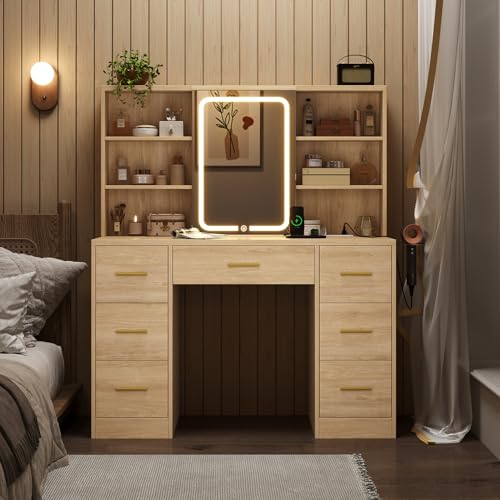 47'' W Large Vanity Desk with Mirror and Lights, 8 Storage Shelves 7 Drawers Vanity Table, Big Makeup Vanity Desk with 3 Lighting Modes, Vanity Dresser with Charging Station, Sliding Mirror (Natural) knoworld