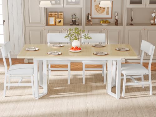 Itaar 5-Piece Dining Table Set for 4-6 People, 63" Extendable Kitchen Table and 4 Cushion Chairs, Dining Room Table with MDF Board & Metal Frame for Small Space, Easy Clean, Natural Itaar