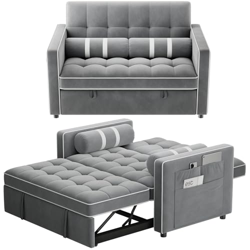 Marsail 3-in-1 Convertible Futon Sleeper Sofa Bed, Pull Out Couch with Adjustable Backrest, USB Charging & Side Pockets, Velvet Fabric Sofa for Living Room, Apartment, Loveseat, Grey Marsail