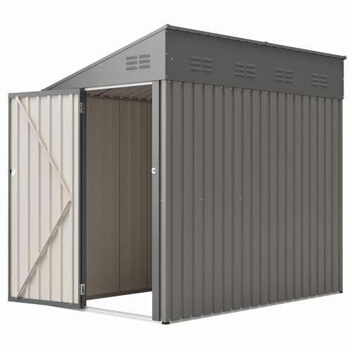 YOPTO 4x8 FT Outdoor Storage Shed,Lean to Lockable Metal Garden Shed Steel with Reinforced Beams,All Weather Waterproof Storage House W/Lockable Door&2 Air Vents,for Backyard,Patio,Lawn,Garden,Gray YOPTO