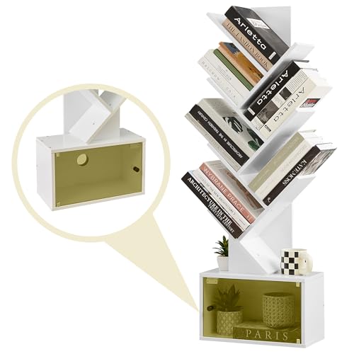 VECELO 7-Tier Tree Bookshelf with Drawer, Wooden Tree-Shaped Book Display Shelves for CDs/Magazines/Books, FreeStanding Geometric Bookcase Organizers for Home Office, Ivory White VECELO