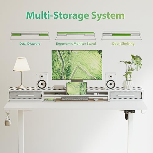 Agilestic 48 Inch Electric Standing Desk with Drawers, Adjustable Desk with Storage Shelf, Stand Up Home Office Computer Table, Splice Board, White Agilestic